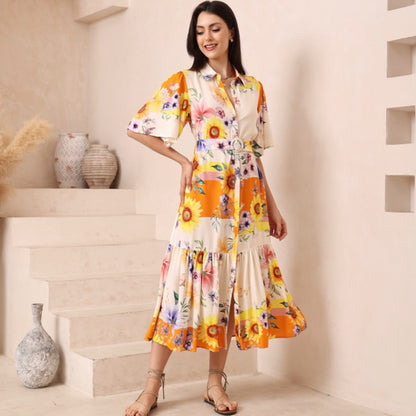 Florance Collared Button Up Belted Midi Dress - Sunflower