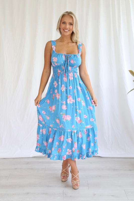 Penny Tie Bust Midi Dress - Blue Pink Floral