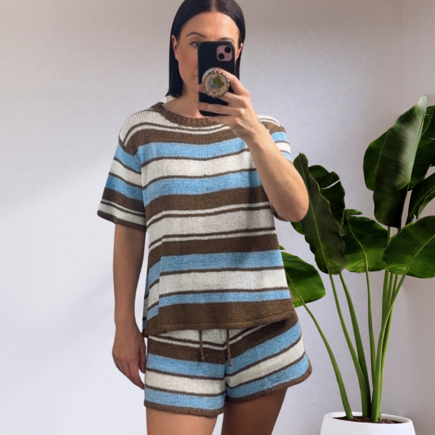 Paula Knit Shirt Top & Shorts Set - Blue Brown Stripe | By Frankie