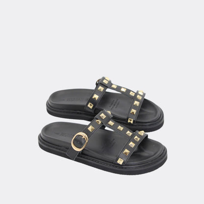 Peyton Studded Leather Sandle Slide Shoes - Black