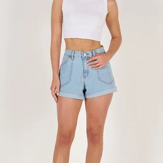Sharon High Waist Cuffed Denim Shorts - Light Blue