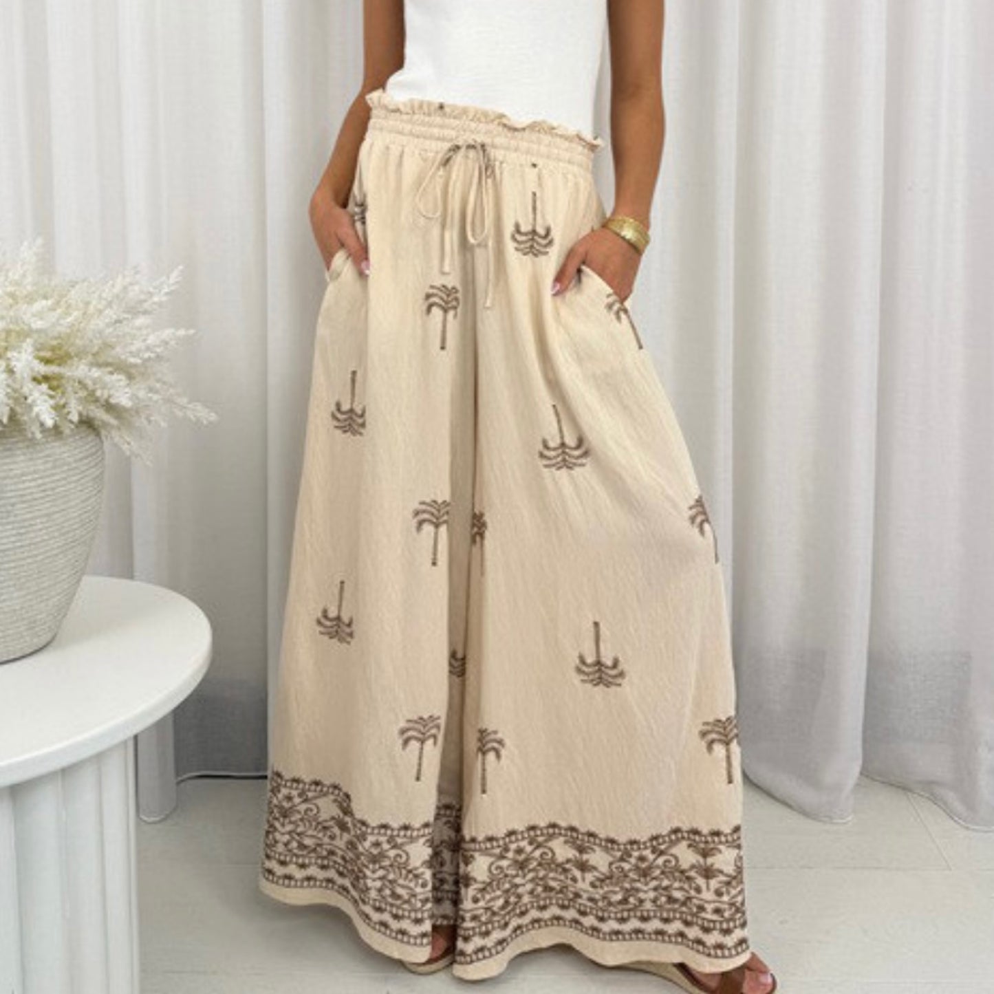 Kiara Wide Leg Pants - Beige Palm