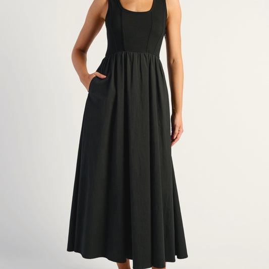 Phoenix Contrast Fabric Dress With Stretch Jersey Bodice & Cotton Blend Skirt - Black