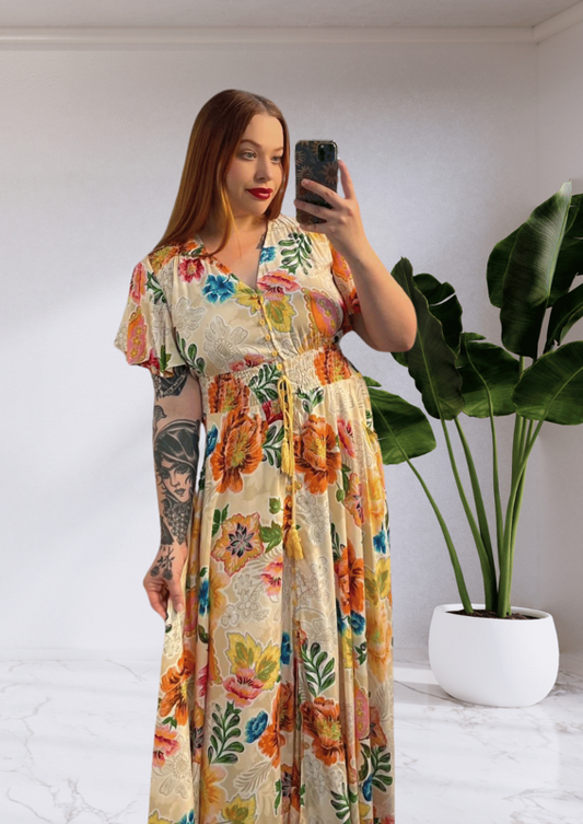 Kianna Boho V-Neck Maxi Dress - Floral Cream