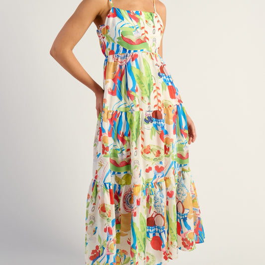 Jayde Floral Tiered Tie Back Detail Midi Dress - Fiesta Print