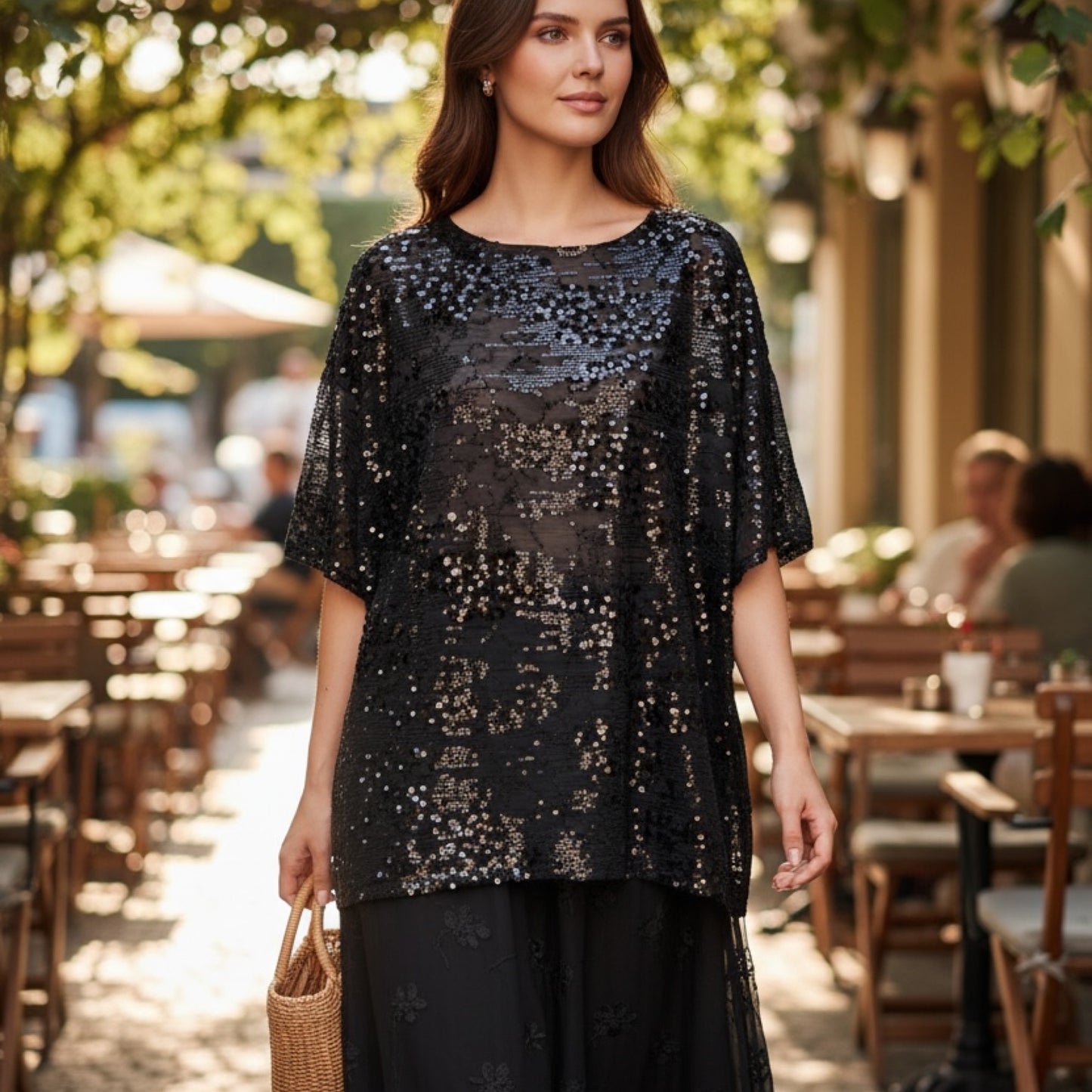 Phoebe Pattern Sequin Top - Black | By Frankie