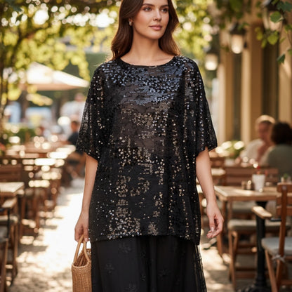 Phoebe Pattern Sequin Top - Black | By Frankie