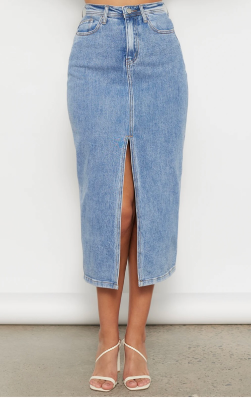 High Waisted Denim Maxi Skirt with Centre Split