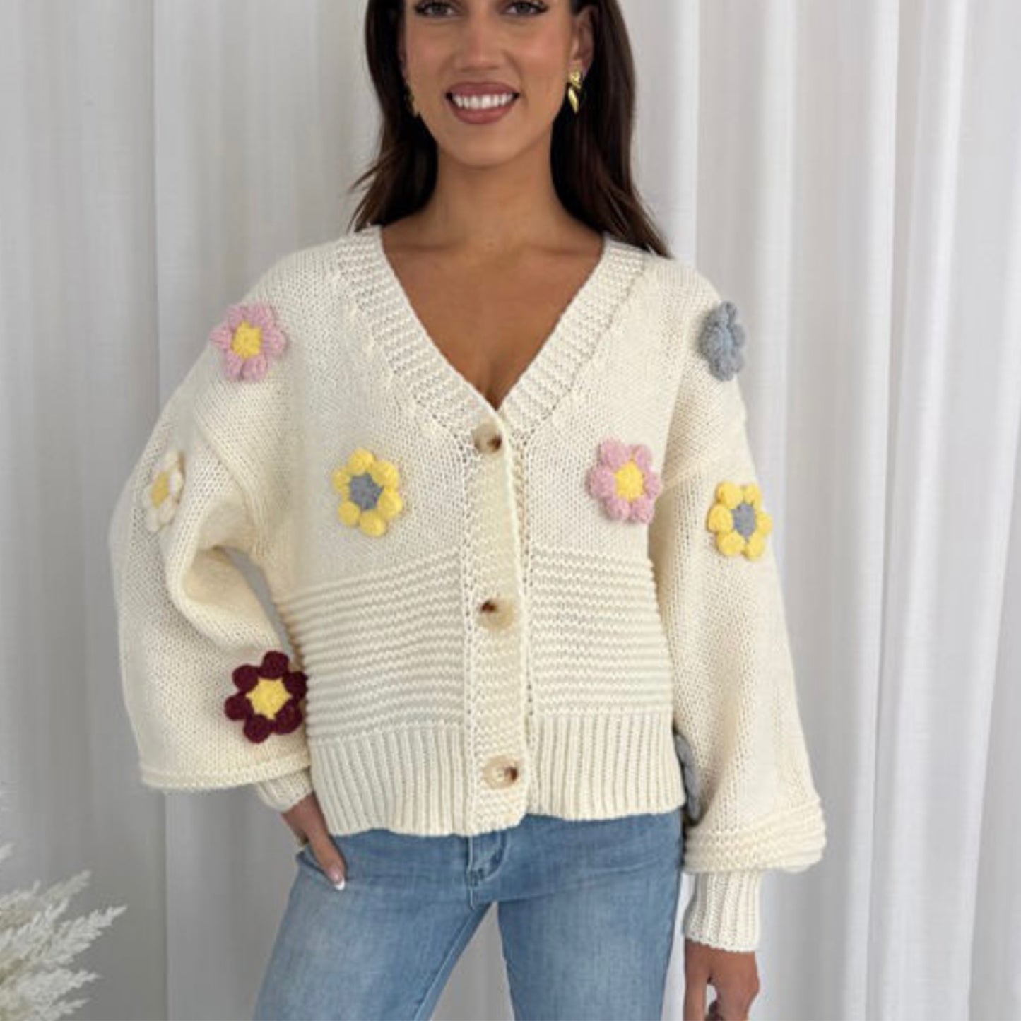 Ribbed Knit Button Up Cardigan -  Cream Flowers