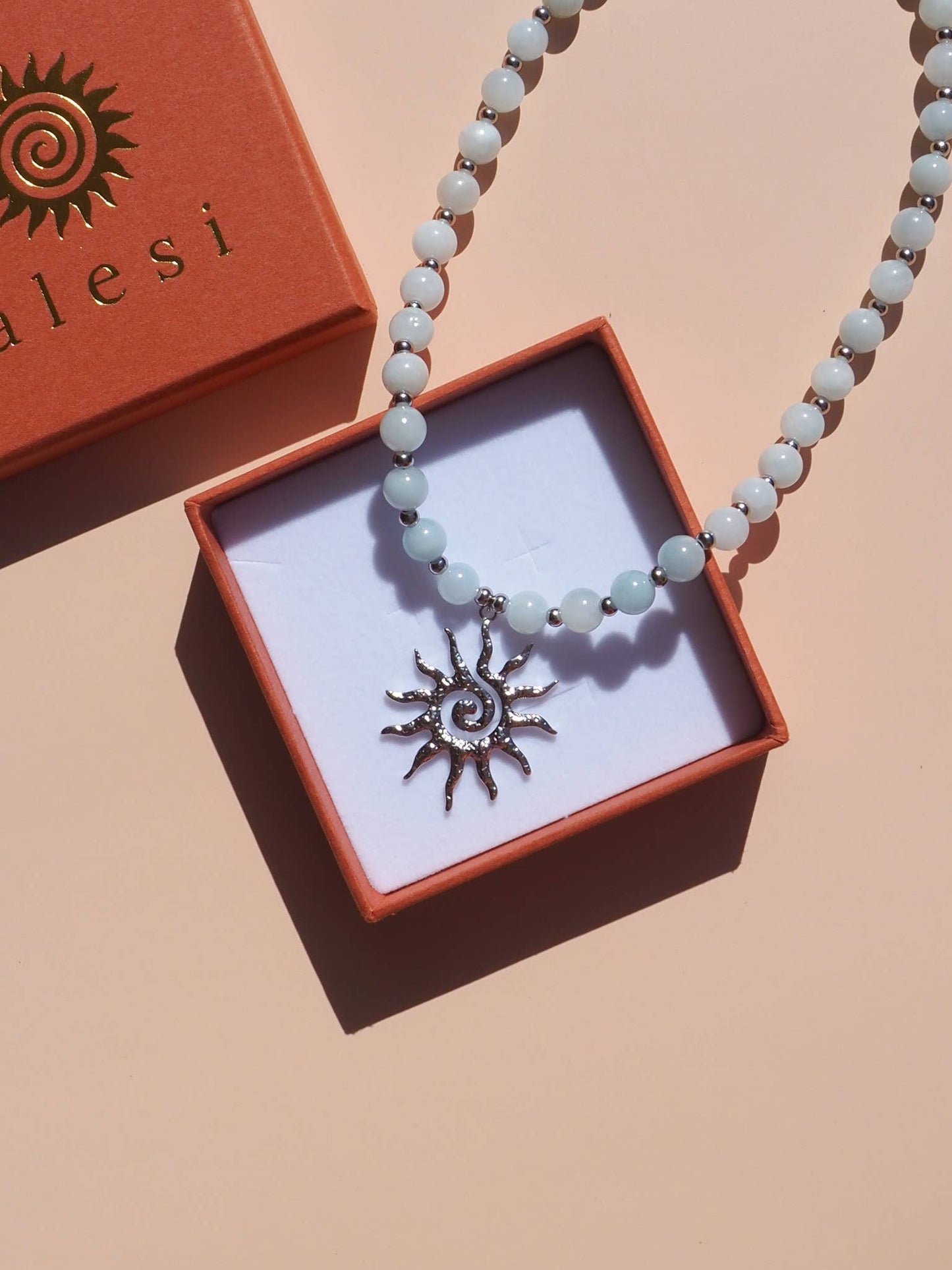 Spiral Gold Sun Blue Beaded Gemstone Necklace | Alesi Jewellery