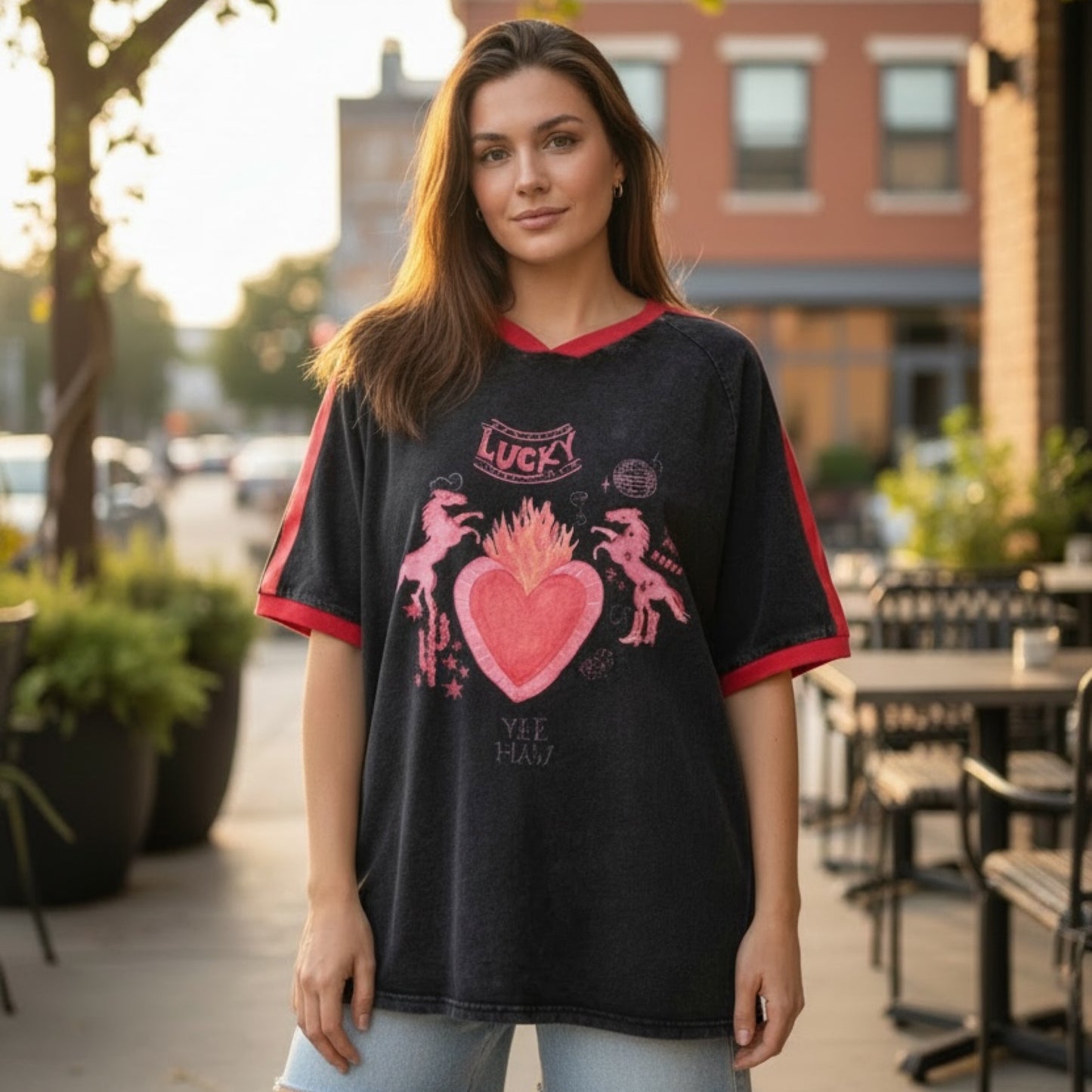 Jersey Oversized Tee Shirt - Lucky Yee Haw Black Acid Wash