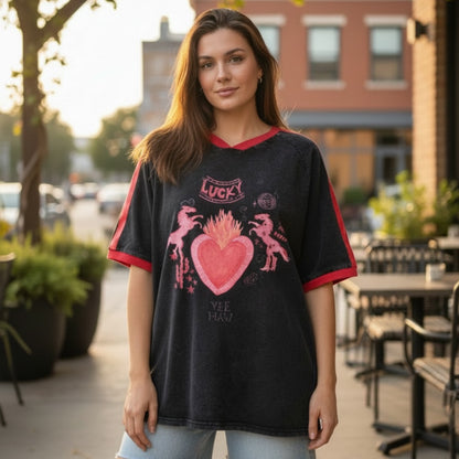 Jersey Oversized Tee Shirt - Lucky Yee Haw Black Acid Wash