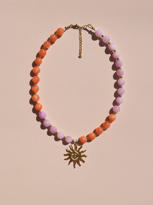 Spiral Gold Sun Pink & Orange Beaded Gemstone Necklace | Alesi Jewellery