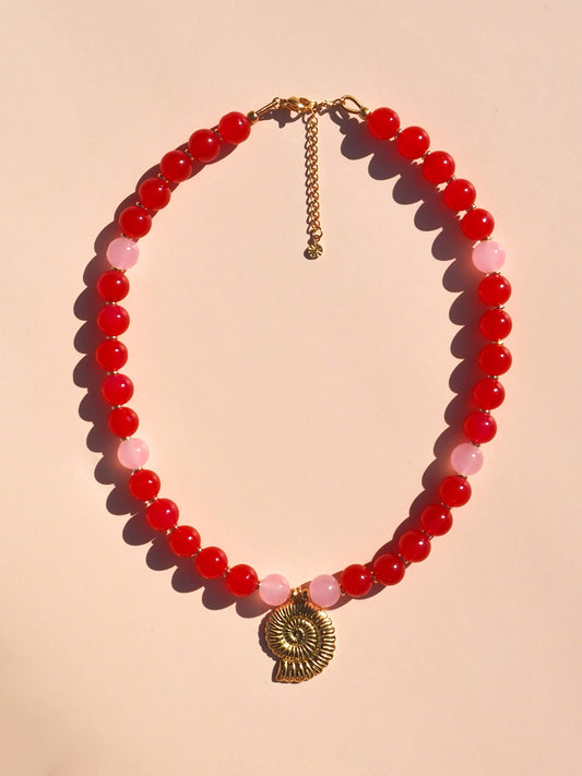 Spiral Gold Shell Red & Pink Beaded Necklace | Alesi Jewellery