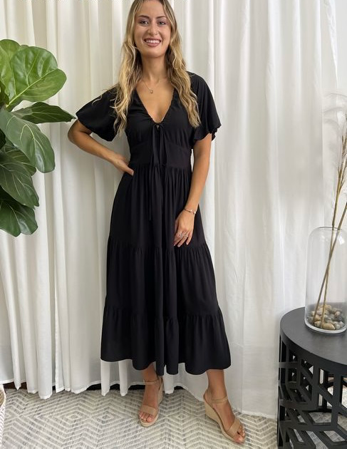 Gina Short Sleeve Midi Dress - Black