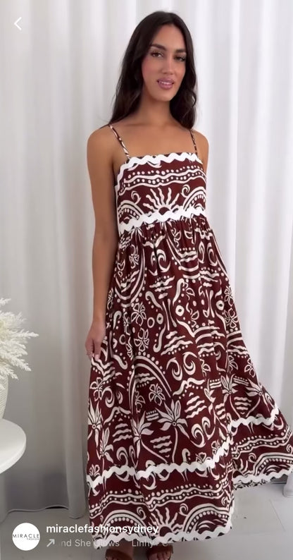 Eden Sleeveless RIC RAC Maxi Dress - Chocolate