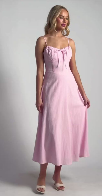Khaya Lace Up Back Detail Embroidered Cotton Maxi Dress - Pink