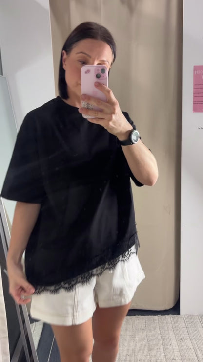 Chloe Asymmetrical Hem Lace T-Shirt - Black