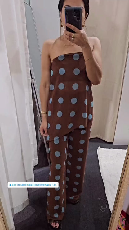 Alice Polka Dot Strapless Assym Pant Set - Chocolate/Blue | By Frankie