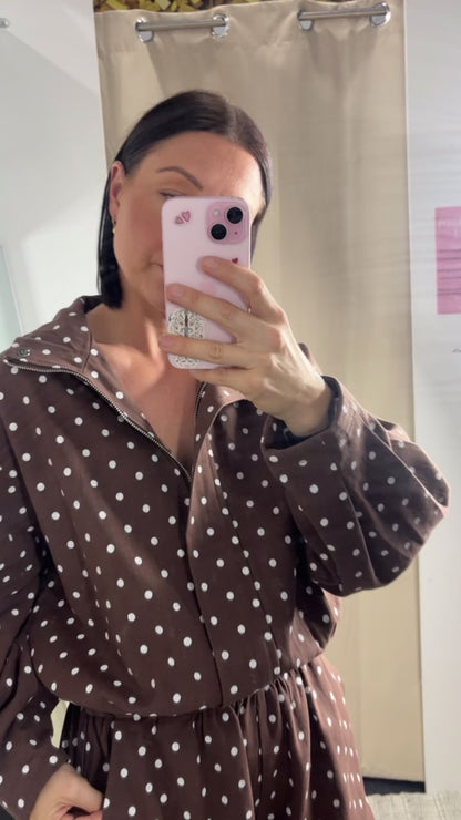 Funnel Neck Jacket & Matching Shorts Set - Brown Polka Dot
