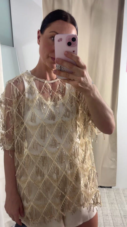 Heather Sequin Oversized Tassel Tee - Gold