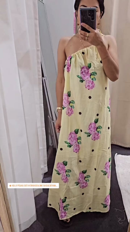 Holly Polka Dot Hydrangea One Shoulder Maxi Dress - Yellow | By Frankie