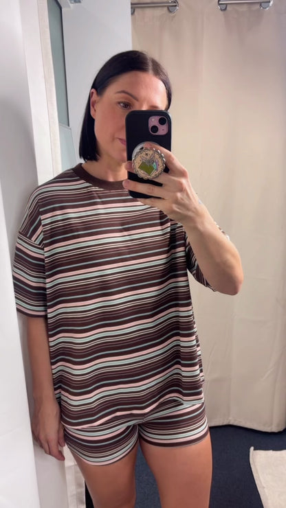 Hazel Oversized Stripe T-Shirt & Shorts - Choc/Black/Pink