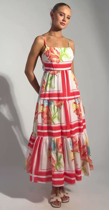 Jayde Floral Tiered Tie Back Detail Midi Dress - Watermelon