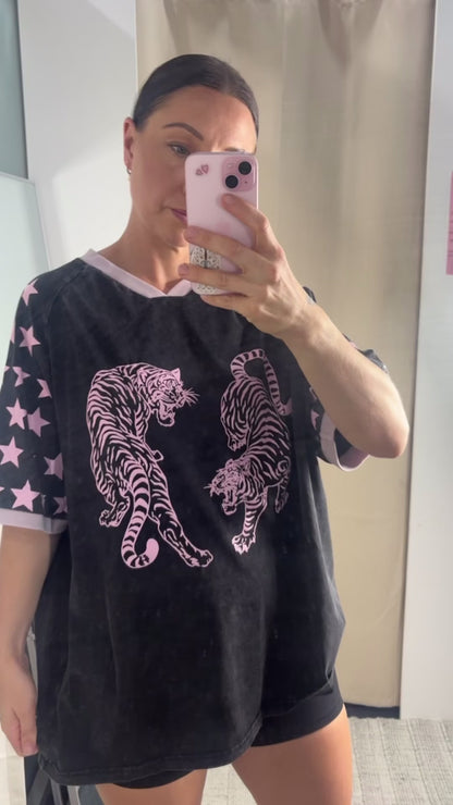 Jersey Oversized Tee Shirt - Tiger Black Acid Wash