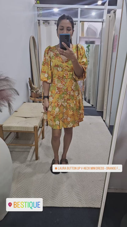 Laura Button Up V-Neck Mini Dress - Orange Floral