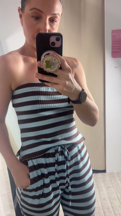 Amy Ribbed Strapless Tube Top & Pants Set - Blue Brown Stripe