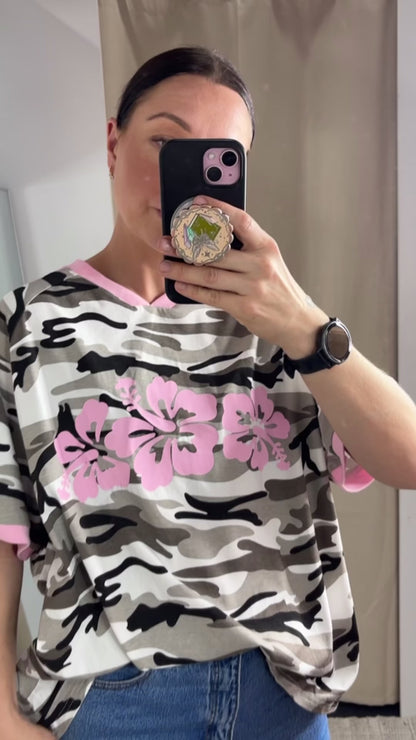 Jersey Oversized Tee Shirt - Hibiscus Grey Camo | By Frankie