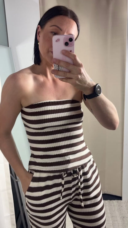 Amy Ribbed Strapless Tube Top & Pants Set - Cream Brown Stripe