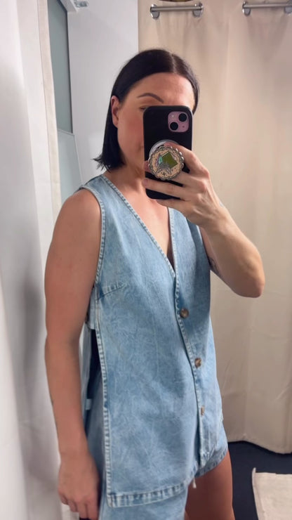 Milly Polka Dot Button Up Open Vest Shirt & Shorts Set - Denim Light Blue | By Frankie