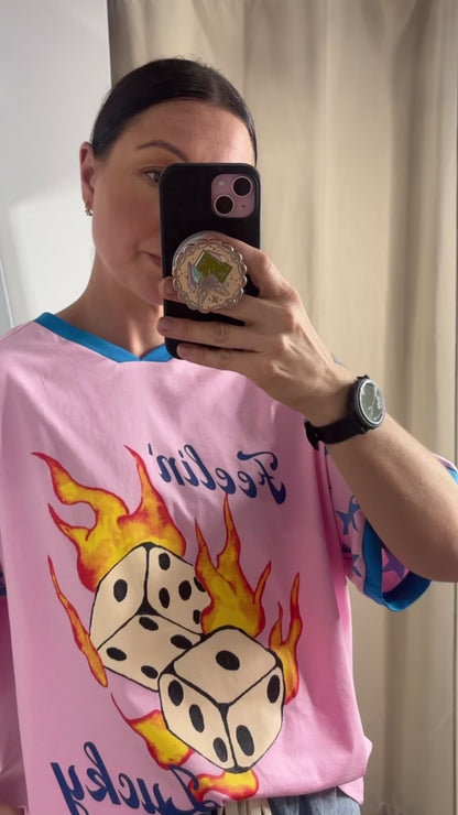 Jersey Oversized Tee Shirt - Flaming Dice Pink Blue