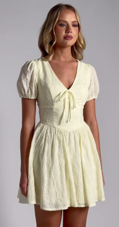 Kaylee Embroidered Cotton V Waist Panel Mini Dress - Lemon Yellow