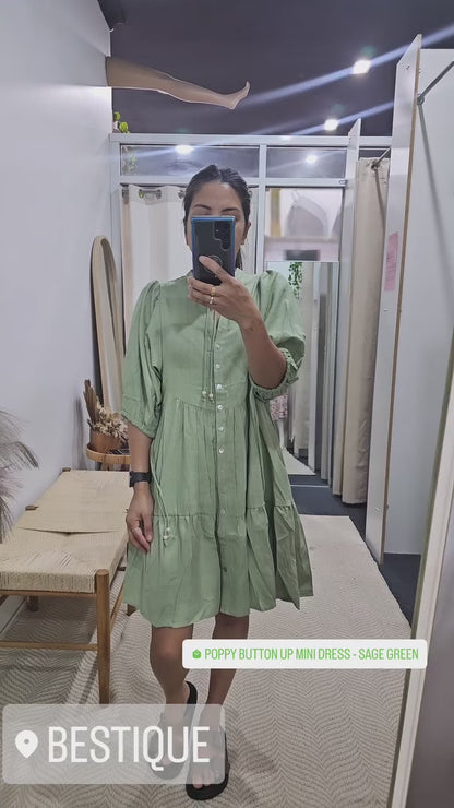 Poppy Button Up Mini Dress - Sage Green
