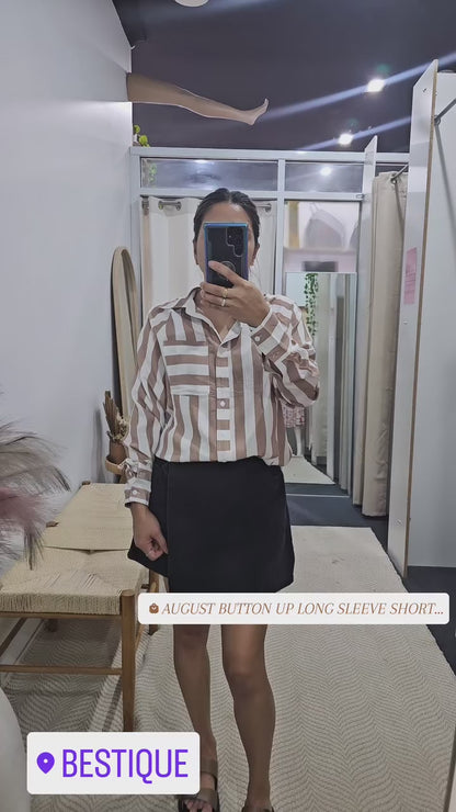 August Button Up Long Sleeve Shirt - Brown White Stripe
