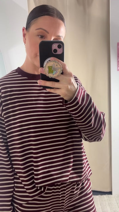 Tessa Long Sleeve Oversized Shirt & Shorts Set - Maroon Stripe