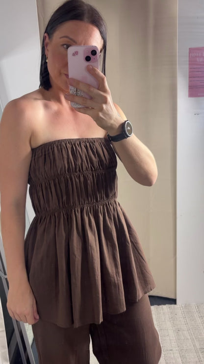 Veronica Shirred Tube Top & Pants Set - Brown