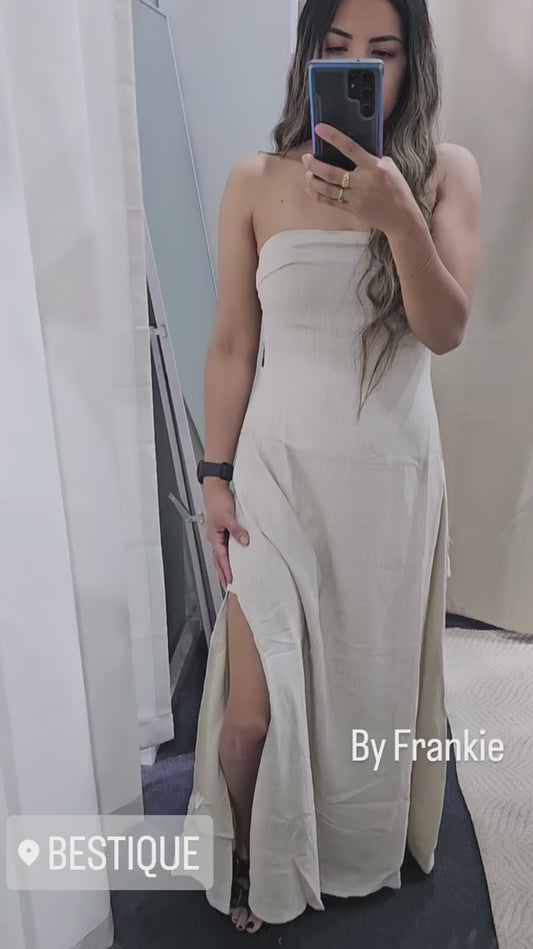 Georgie Strapless Tube Side Cut Out Side Split Maxi Dress - Oat | By Frankie