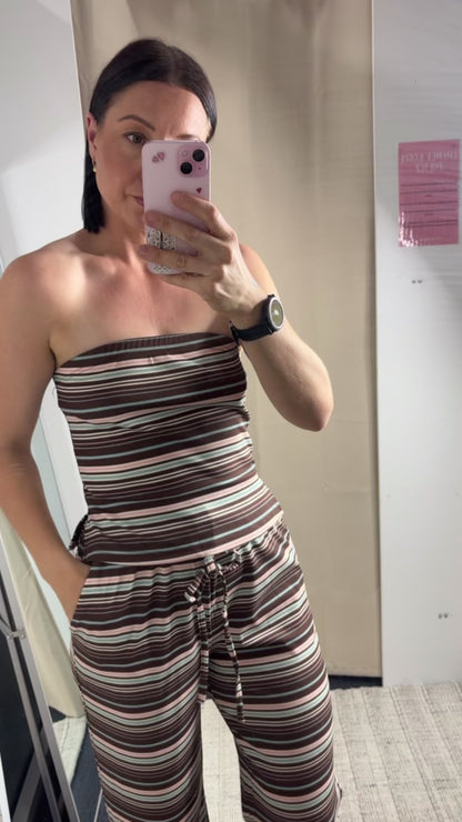 Amy Strapless Tube Top & Pants Set - Brown Stripe