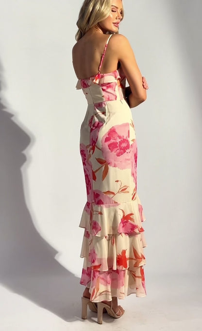 Cara Floral Chiffon Frill Neckline Tiered Hem Maxi Dress - Pink