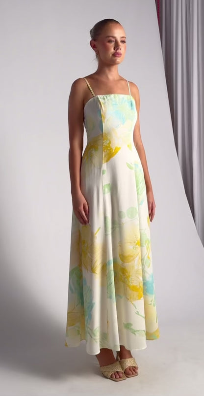 Marion Wildflower Floral Print Strapless Panel Detailing Maxi Dress - Lemon Yellow